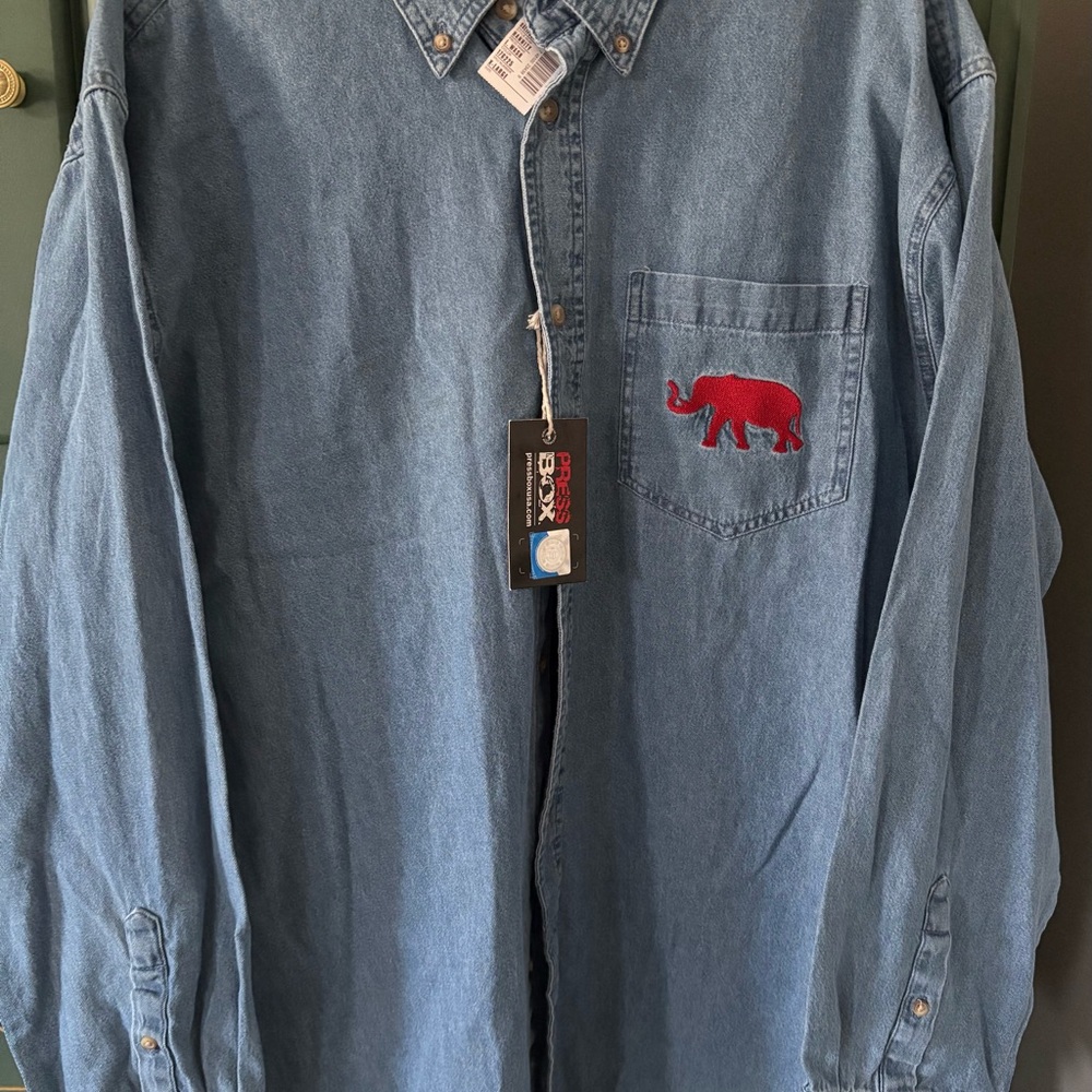Pressbox Blue Denim Shirt with Red Elephant Logo